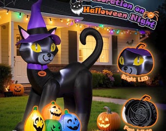 6フィートのハロウィーンインフレータブル黒猫と魔女の帽子、4