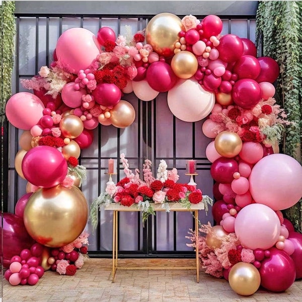 Hot Pink Balloon Garland - Double Stuffed Dark Pink Light Pink Balloon Arch Kit Magenta Blush Fuchsia Gold Balloons for Birthday Baby Shower