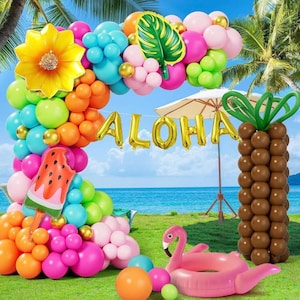 Tropical Balloon Arch Garland Kit, 178Pcs Hawaiian Luau Party Decorations, Green Hot Pink Orange Balloons with Palm Tree Balloon