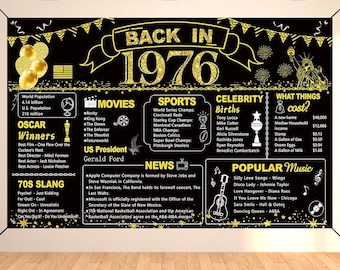 50th Birthday Black Gold Party Decoration, Back in 1976 Banner 50 Year Old Birthday Party Poster Supplies Vintage 1976 Backdrop Photography