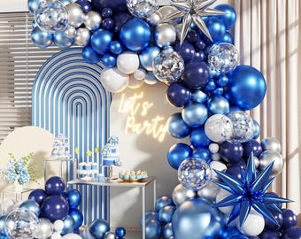 Kit de arco de guirnalda de globos azul, blanco y plateado, 140 globos de confeti azul marino, plateado y blanco metalizado claro con estrellas para cumpleaños y bodas.