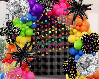 Glow in the Dark Party Decorations, 80S Disco Rainbow Balloon Arch Garland Kit with Foil Star UV Neon Luminous Fluorescent Balloons 9.8ft