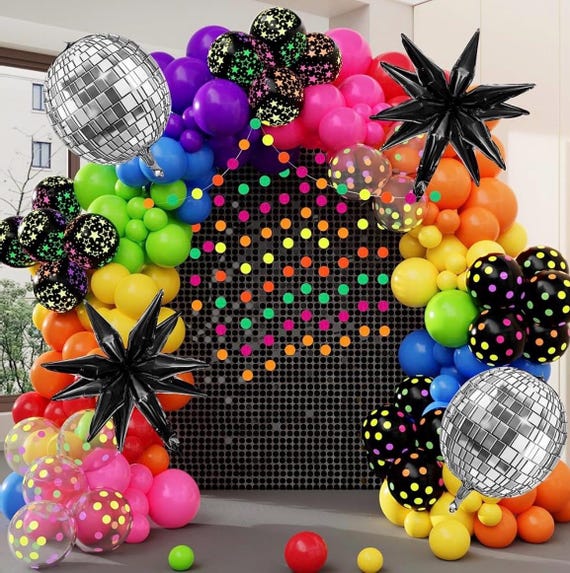 G.C Decorazioni Da Festa Anni '80 E '90, Retro Disco Tema Di Festa Con Addobbi A Forma Di Palloncino, Sfondo Colorato, Palloncini In Gomma Disco