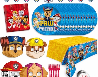 Paw Patrol Geburtstagsdekoration Partyzubehör für 16 Gäste - Kit mit Tellern Servietten Banner und Masken Party Favors Set für Kinder