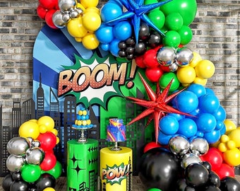137pcs Red Blue Yellow Green Black Balloon Arch Garland Kit with  Starburst Balloons for Birthday ,Carnival , Video Game Super Balloons Arch