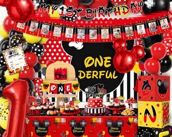 Decoração para Festa de Aniversário de 1 Ano com Tema de Rato - 143 Peças: Painel de Fundo, Balões, Arco, Caixa, Cadeirão, Banner - Ideia Ideal para Festa de Aniversário de Bebê