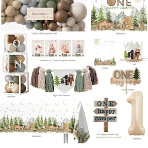 One Happy Camper Birthday Decorations, Camping 1st Birthday Party Supplies with Balloon Arch Balloon Box Backdrop High Chair Banner Crown image 2