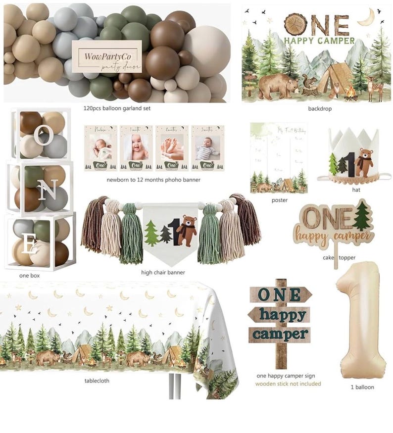 One Happy Camper Birthday Decorations, Camping 1st Birthday Party Supplies with Balloon Arch Balloon Box Backdrop High Chair Banner Crown image 2