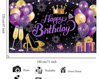 Toile De Fond Anniversaire 2,1x1,5 M - Motif Diamants Violets étoiles - Décoration Fête Photo Studio - Happy Birthday