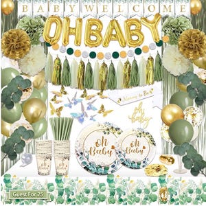 217 Pcs Sage Green Baby Shower Decorations, Neutral Baby Shower Decor Supplies- Disposable Dinnerware Set With Eucalyptus Leaf (25 Guest)