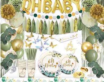 217 Pcs Sage Green Baby Shower Decorations, Neutral Baby Shower Decor Supplies- Disposable Dinnerware Set With Eucalyptus Leaf (25 Guest)