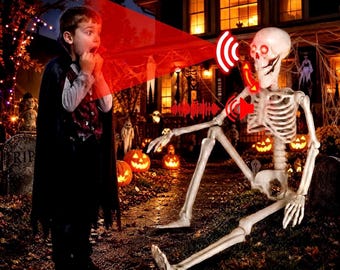 Esqueleto de Halloween de 91 cm (36 pulgadas) con mandíbula móvil activada por movimiento y sonido, habla, ojos brillantes, cuerpo completo articulado y articulado.