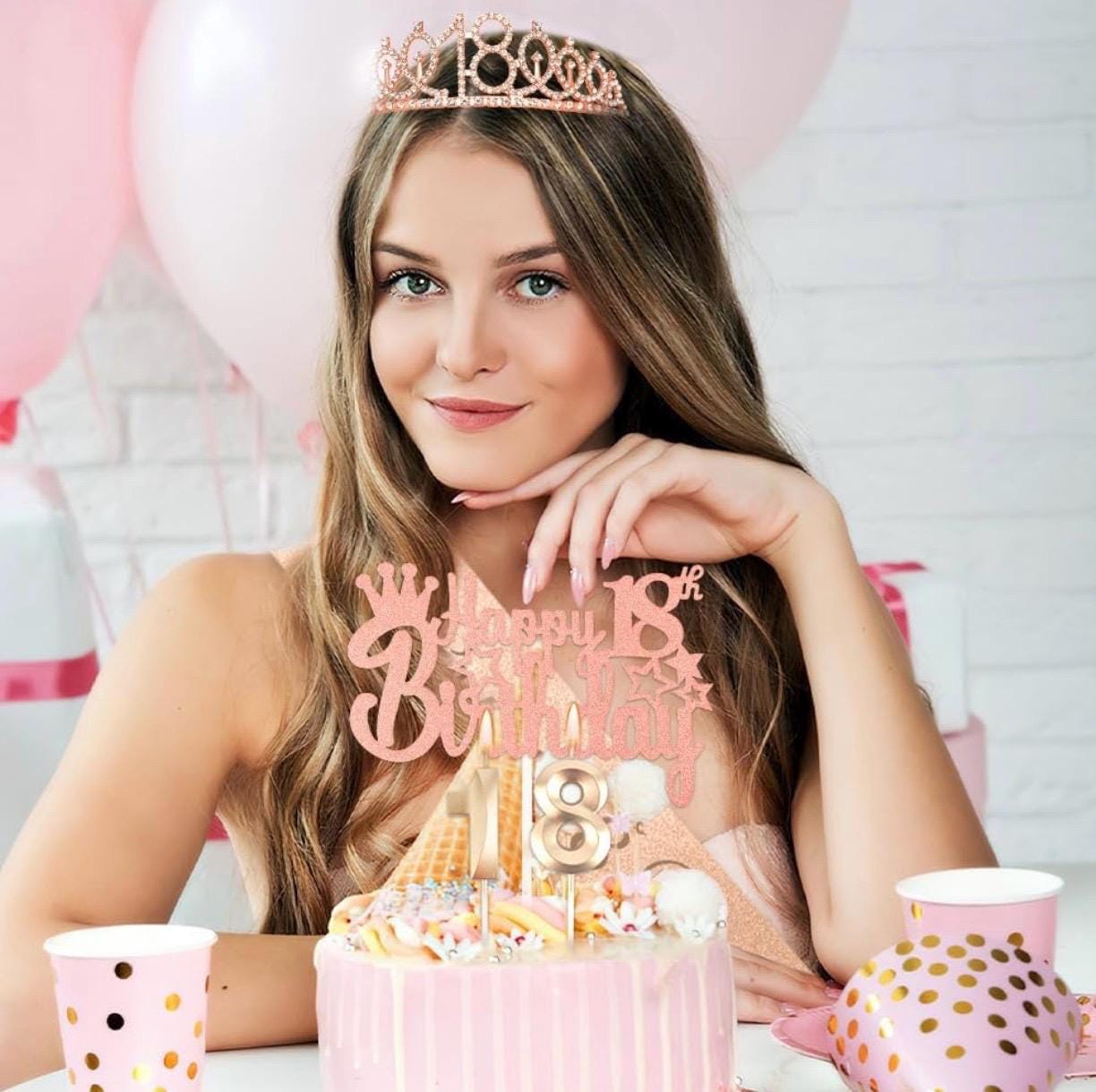 18 Ans Anniversaire Fille, Echarpe 18 Ans Et Couronne Anniversaire,Cadeau 18 Ans Fille,Couronne Diademe En Cristal Or Rose Echarpe Anniversaire Confetti Ballons Cake Toppers Deco Anniversaire 18 Ans