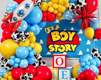 Kit de arco de globos TODO EN 1 de Toy Story para decoraciones de baby shower con la temática "It's A Boy Story": Kit de guirnalda de globos de Toy Story con nube y vaca de juguete.