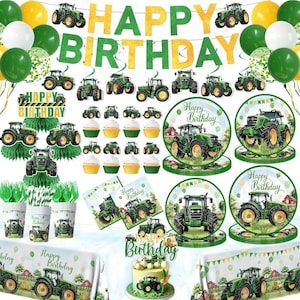 Pode incluir: Um conjunto de festa de aniversário com tema de trator, incluindo balões verdes e amarelos, pratos, copos e guardanapos de papel decorados com tratores verdes. Inclui uma faixa 'HAPPY BIRTHDAY', topos de cupcake e topo de bolo com trator.