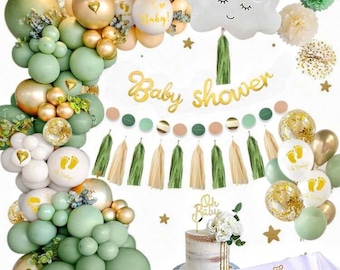 Kit de arco de globos verdes, blancos y dorados para baby shower de niño y niña, flores de papel, guirnaldas, pancartas, bandas, globos de nube y globos de corazón.