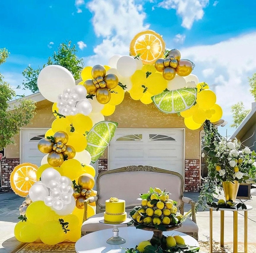 Yellow White Gold Lemon Balloon Garland Arch Kit 150pcs Pearl