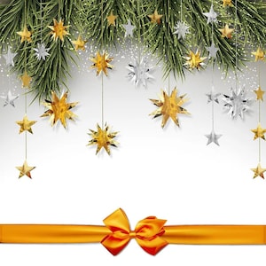 May include: A white background with a gold ribbon tied in a bow. Above the ribbon are gold and silver star-shaped ornaments hanging from a green pine branch.