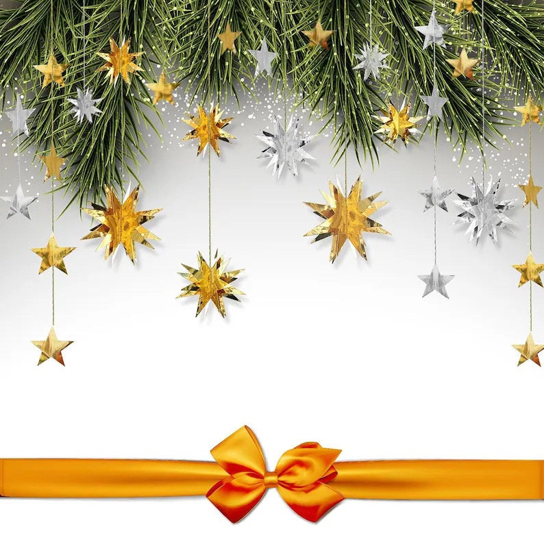 May include: A white background with a gold ribbon tied in a bow. Above the ribbon are gold and silver star-shaped ornaments hanging from a green pine branch.