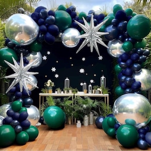 Navy Blue Green Silver Balloon Garland Double Stuffed Dark Green Silver Forest Navy Balloon Metallic Arch Kit for Birthday Graduation Party