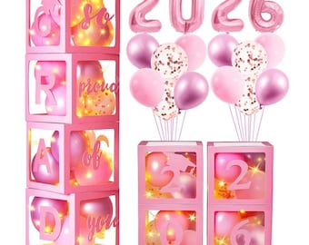 Graduation decorations class of 2026 pink- Graduation Decorations, Balloons Box with letters&balloons,balloon stand set for table,LED Lights
