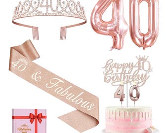 40th Birthday Decorations Women, Include 40th Birthday Sash and Crown, Cake Topper and Candles, Number Balloons, 40 Year Old Gifts for Women