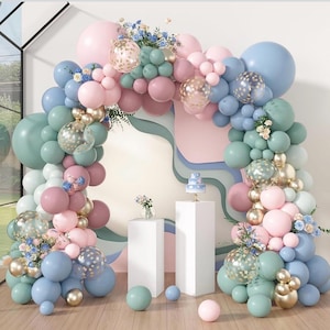 173Pcs Pink Blue Green Balloon Arch Garland Kit, Dusty Baby Pink Mauve Pastel Mist Haze Green Blue Gold Confetti Balloons for Baby Shower