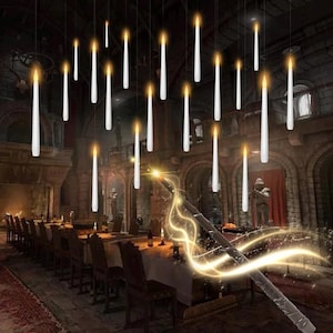 Flameless Floating Candles with Wand，20 Pcs Magic LED Hanging Taper Candles，Flickering Battery Operated Taper Candle with Wand Remote