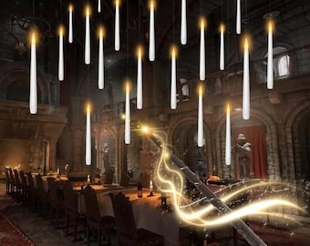 Flameless Floating Candles with Wand，20 Pcs Magic LED Hanging Taper Candles，Flickering Battery Operated Taper Candle with Wand Remote