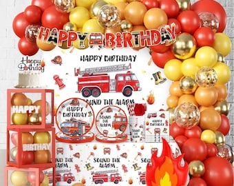 234 Stück Feuerwehrauto-Geburtstagsdekoration, All-in-One-Set enthält 300 g / m² Papierteller, wasserdichte Kunststofftischdecke, Luftballons, Feuerwehrauto-Dekor