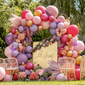 Pink and Purple Balloon Garland - Double Stuffed Dusty Pink Mauve Lilac Gold Balloons Light Lavender Balloon Arch Kit Butterfly Stickers