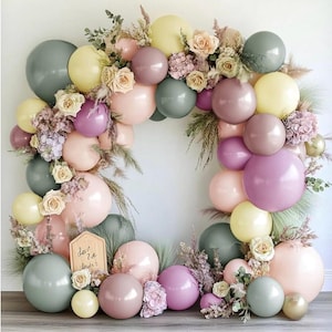 Dusty Green Pink Yellow Balloon Garland - Double Stuffed Pastel Pink Lilac Yellow Balloons Haze Pink Purple Green Floral Balloon Arch Kit