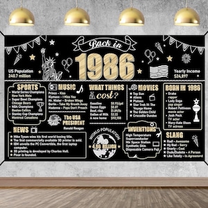 Large 40th Birthday Decorations Back in 1986 Banner Backdrop for Men Women, Happy 40 Birthday Sign Poster Party Supplies, Black Gold Forty