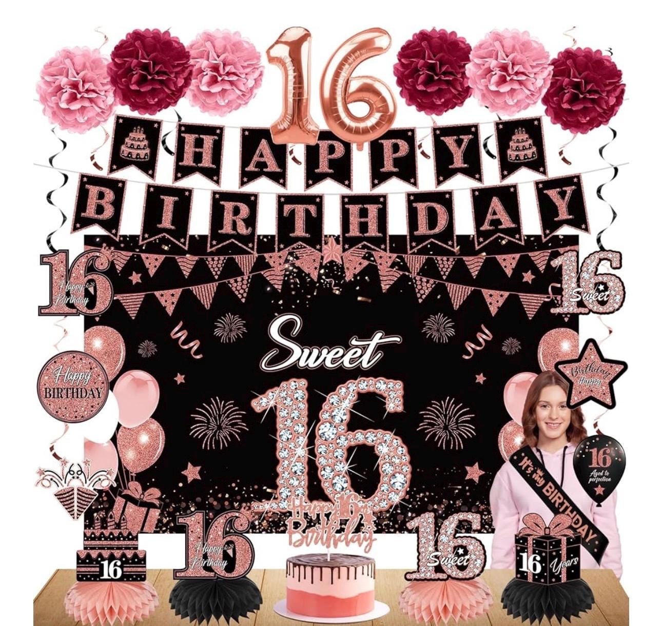 Partydeko-Set Zum 16. Geburtstag – Roségold, Mit Ballons, Banner, Waben, Cake Topper, 42-teilig, Für Mädchen
