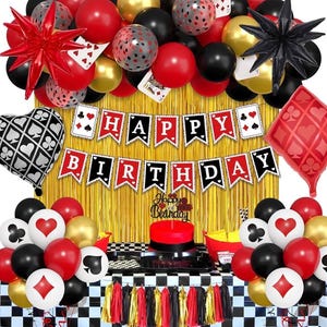 103Pcs Casino Theme Party Decorations, Red and Black Happy Birthday Banner Star Heart Poker Foil Balloons Fringe Curtain Paper Tassel