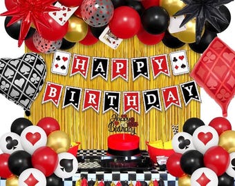103stk Kasino Thema Party Dekorationen, Rot und Schwarz alles Gute zum Geburtstag Banner Sterne Herz Poker Folienballons Fransen Vorhang Papier Quaste