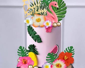 23 decorazioni per torte a forma di fenicottero, decorazione estiva per torte con graziose figure di fenicotteri rosa e foglie di palma con fiori di ibisco per il tema hawaiano Aloha