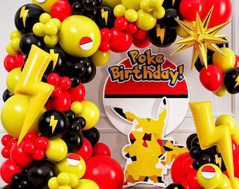 Kit d'arche de ballons dessin animé TOUT-EN-UN avec ballons Thunder & Starburst BONUS pour décorations d'anniversaire Poke - Ballons rouges noirs jaunes pour Poke