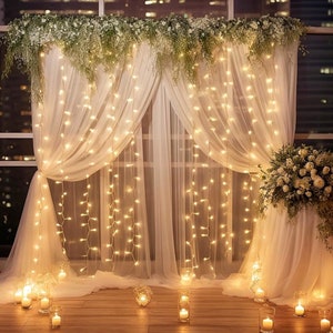 White Sheer Tulle Backdrop Curtain With Lights String- Wedding Backdrop ...