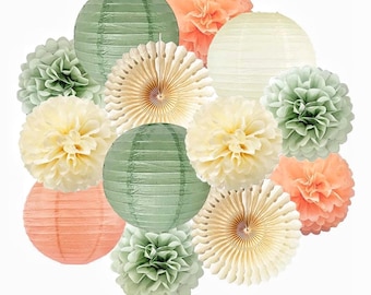 Sage Green Party Decorations Sage Cream Peach Tissue Paper Pom Poms Paper Lanterns Paper Fans for Neutral Birthday Baby Shower Bridal Shower