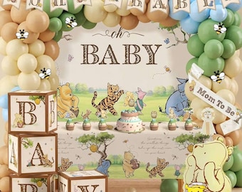 Decorazioni classiche per baby shower a tema Winnie the Pooh, arco di palloncini, scatole per neonati, fondale, striscione e tovaglia per baby shower in stile neutro tutto in uno...