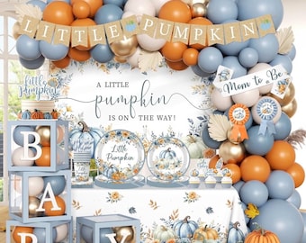 286Pcs Little Pumpkin Baby Shower Decorations for Boy All-in-One Disposable Tableware Set, Plates, Cups, Napkins, Balloons Arch, Backdrop