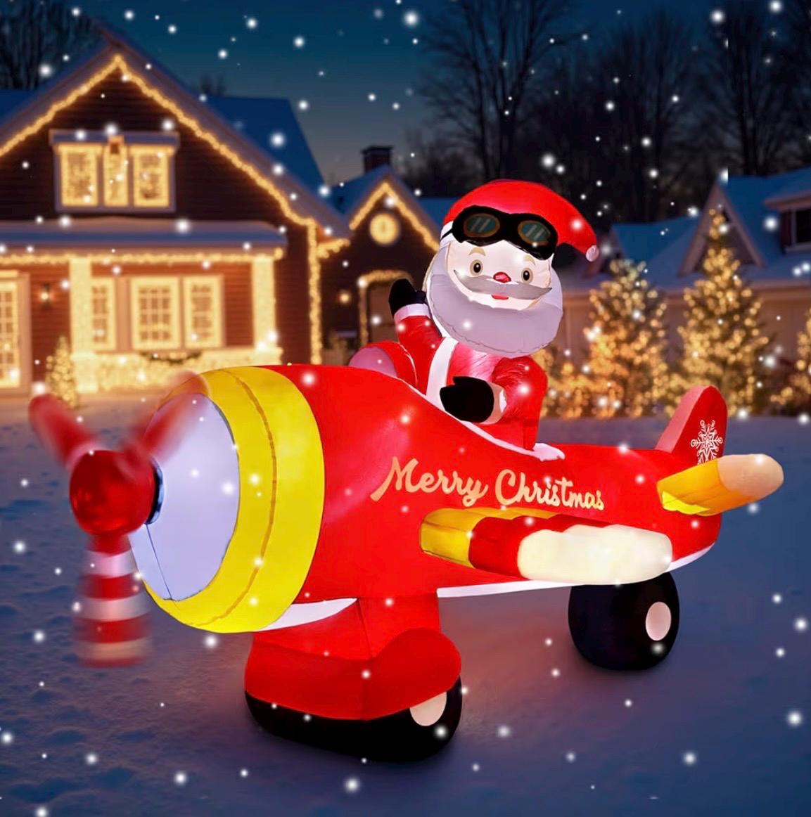 大きなサンタクロースの置物 　アンティーク調　飛行機 飛行機に乗ったサンタクロース