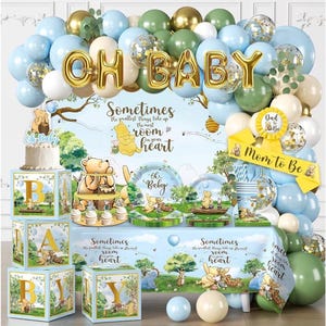 Classic Winnie Baby Shower Decorations Boy, Blue Vintage Bear Baby Boy Shower Decorations Balloons and Baby Boxes, Backdrop, Dinnerware Set