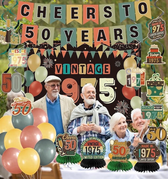 Black Rose Gold 50th Birthday Decorations Kit - Happy 50th Banner With 1975 Signs & Hanging Swirls For Women