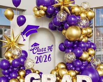Purple Gold Arch Kit Graduation Decorations 2026, 130Pcs Purple and Gold Balloons and Foil Star Balloon with Confetti Ribbons Grad Party