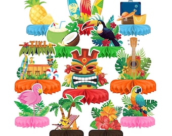 Conjunto de decoraciones para fiesta hawaiana Luau: Decoración de mesa con temática Aloha y centro de mesa Luau de panal para artículos de fiesta hawaiana Tiki y Luau.