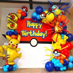 Pokemon Pikachu Balloons Garland Arch Kit for 5th Birthday Number 5 Balloon,Red Yellow Blue Balloons,Pokemon Theme Birthday Party