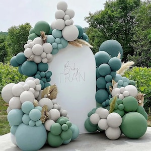 Dusty Blue and Green Balloon Garland - Double Stuffed Sage Green Teal White Matte Balloons Olive Slate Blue Boho Balloon Arch Kit