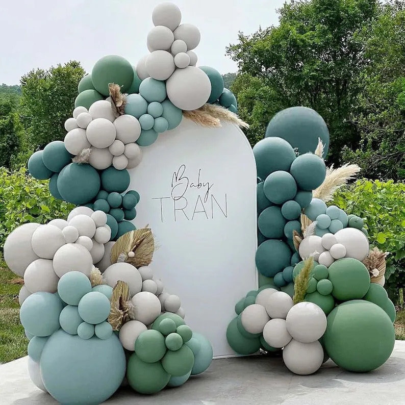 Dusty Blue and Green Balloon Garland - Double Stuffed Sage Green Teal White Matte Balloons Olive Slate Blue Boho Balloon Arch Kit